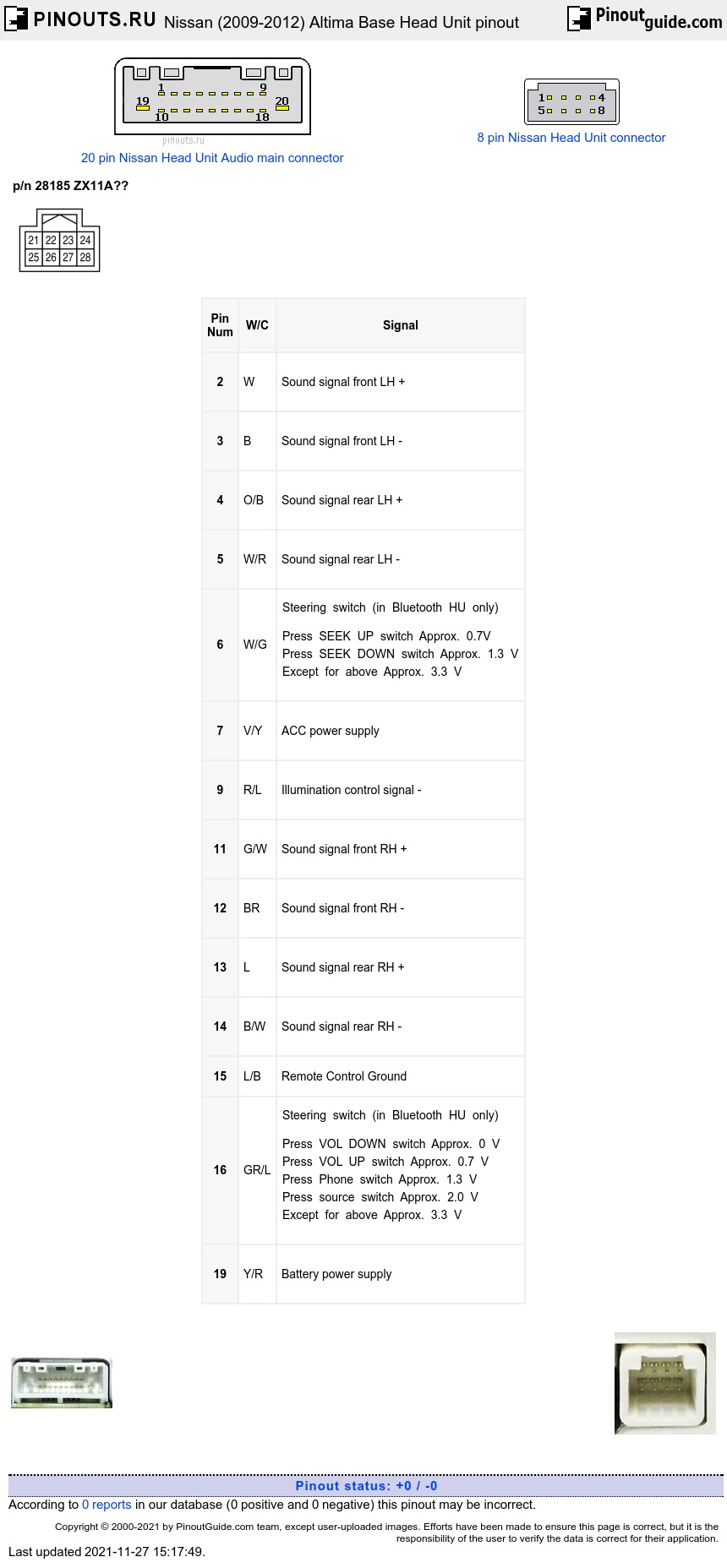 Nissan (2009-2012) Altima Base Head Unit pinout signals @ PinoutGuide.com