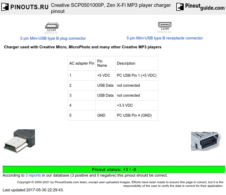 Creative SCP0501000P, Zen XFi MP3 player charger pinout signals