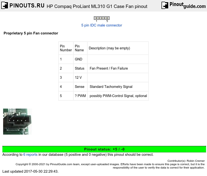 HP Compaq ProLiant ML310 G1 Case Fan pinout diagram