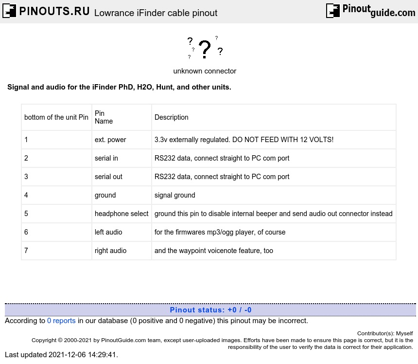 Lowrance iFinder cable pinout signals @ PinoutGuide.com
