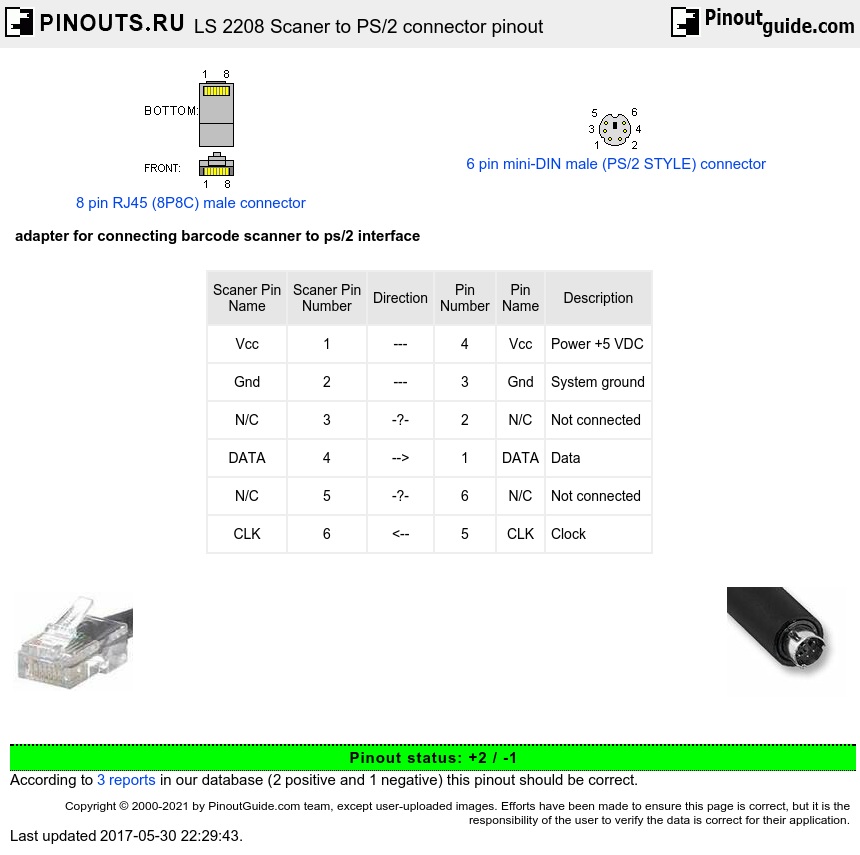 LS 2208 Scaner to PS/2 connector pinout signals