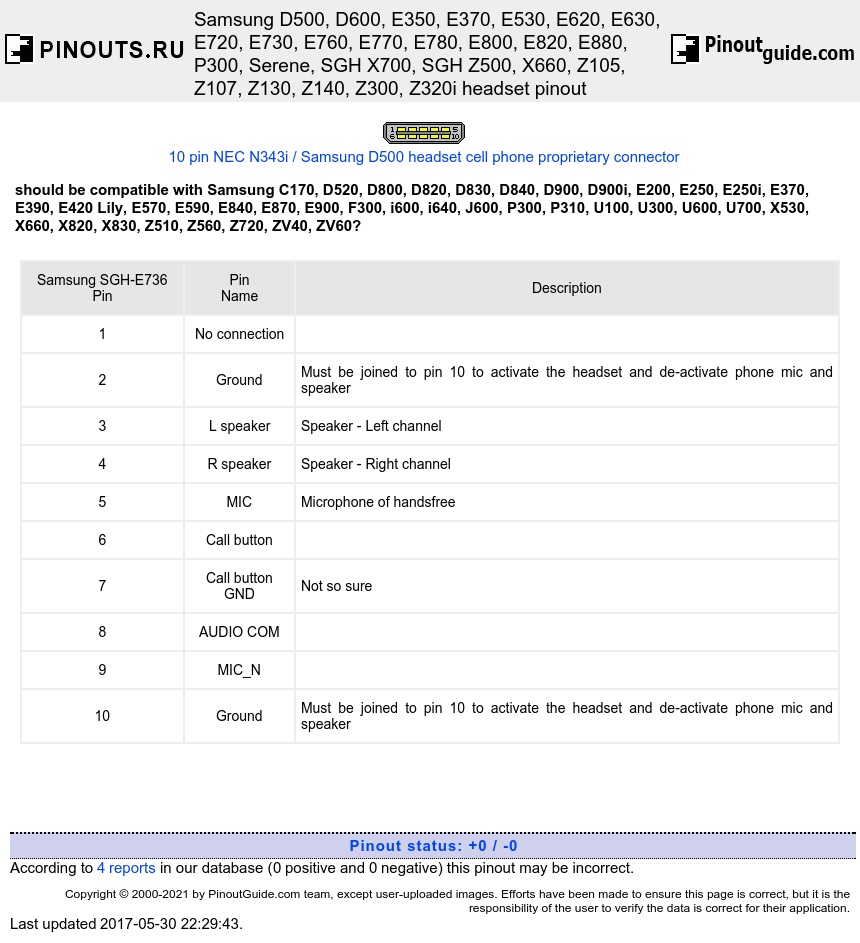 Samsung D500 and others headset pinout diagram
