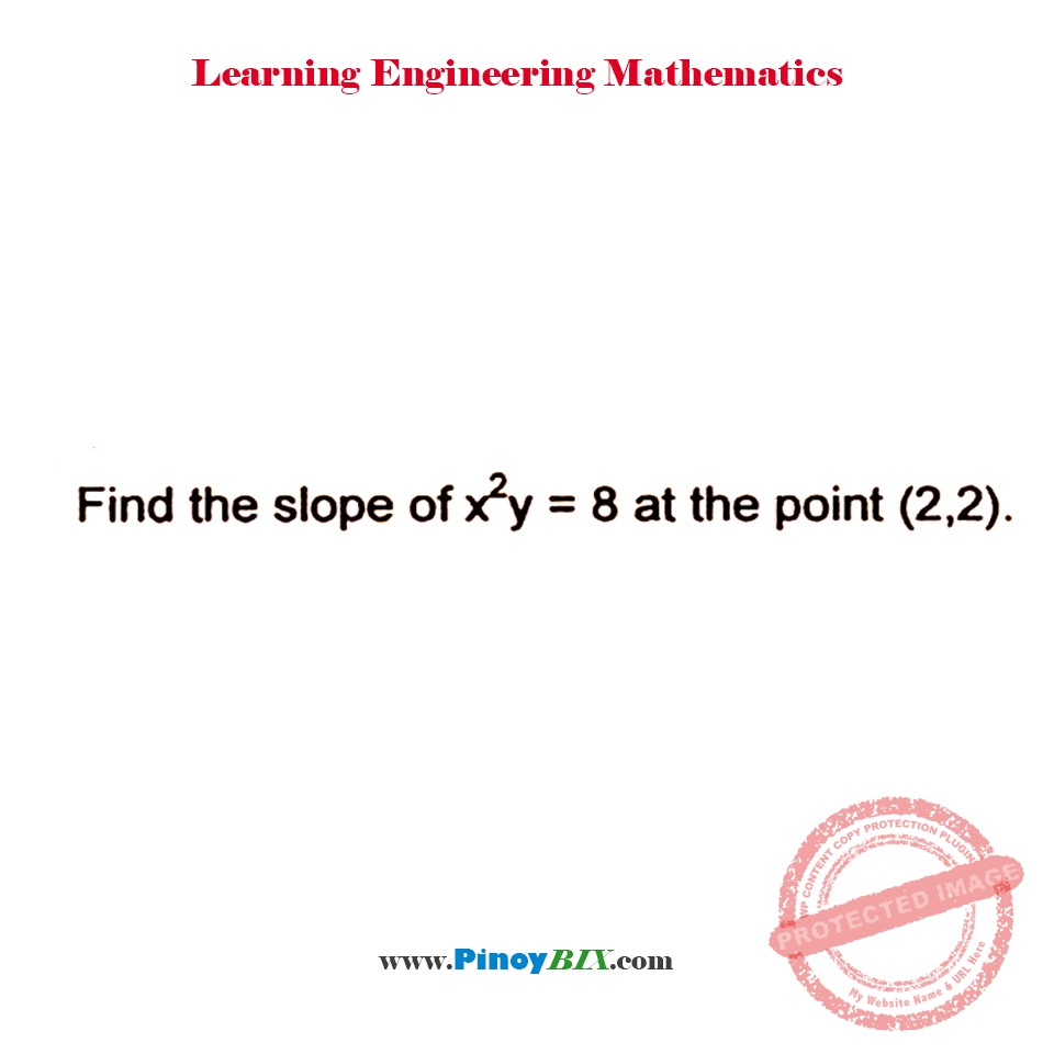 Solution Find the slope of x^2y=8 at the point (2, 2)