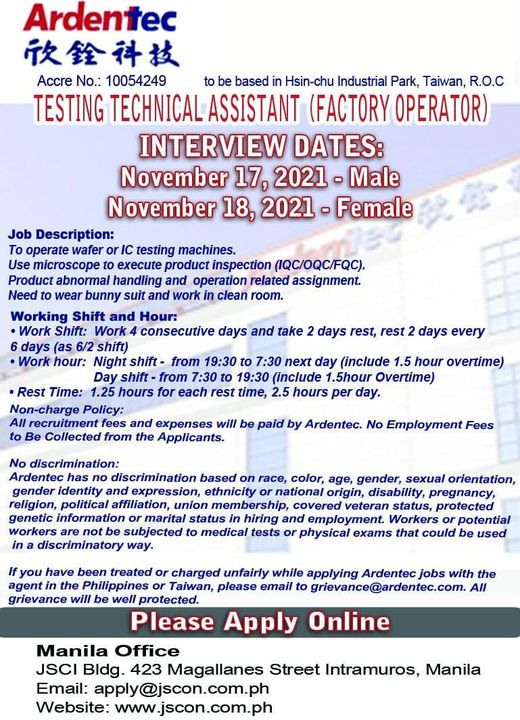JS Contractor Inc. is now Hiring Factory Operators for Ardentec