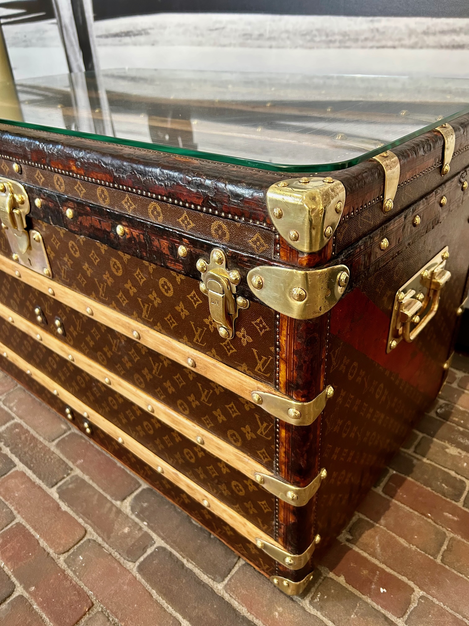 Louis Vuitton coffee table trunk red diagonal stripe Pinth Vintage