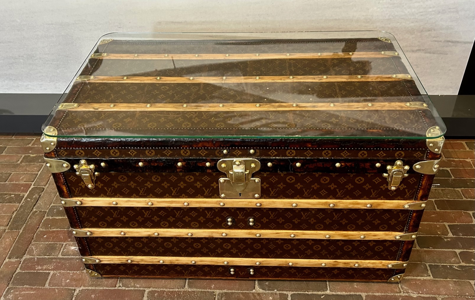 Louis Vuitton coffee table trunk red diagonal stripe Pinth Vintage