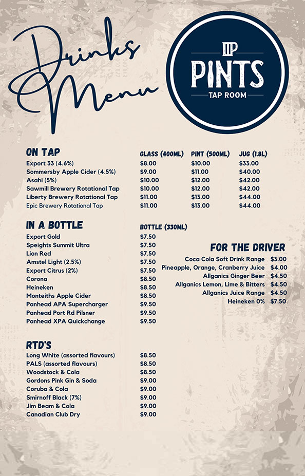 Tap Room Menu Pints