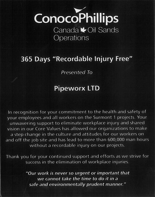 Pipeworx Awarded Conoco Phillips Safety Recognition Pipeworx