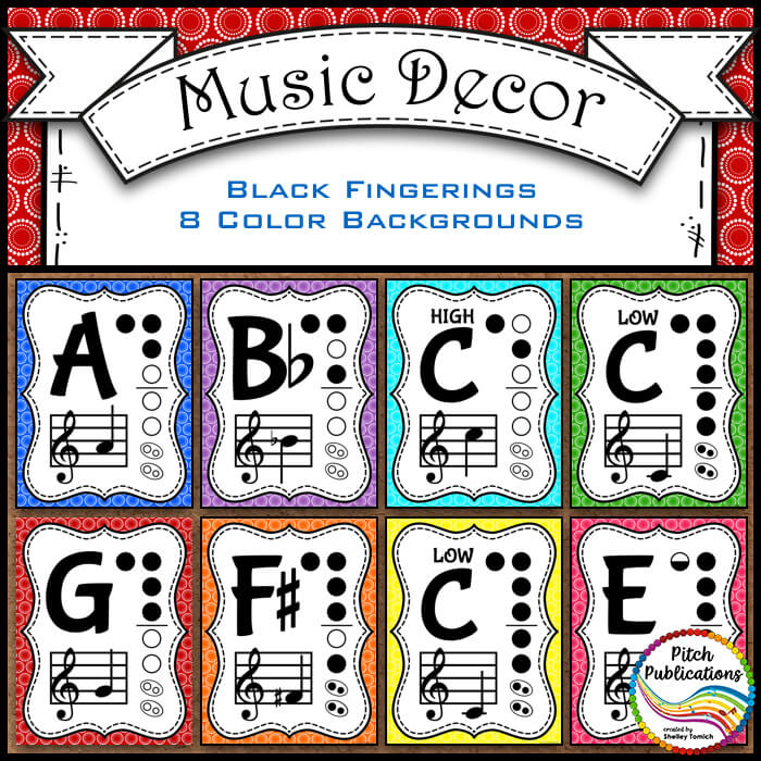 Recorder Fingering Chart Posters v3 HOLES Rainbow Brights