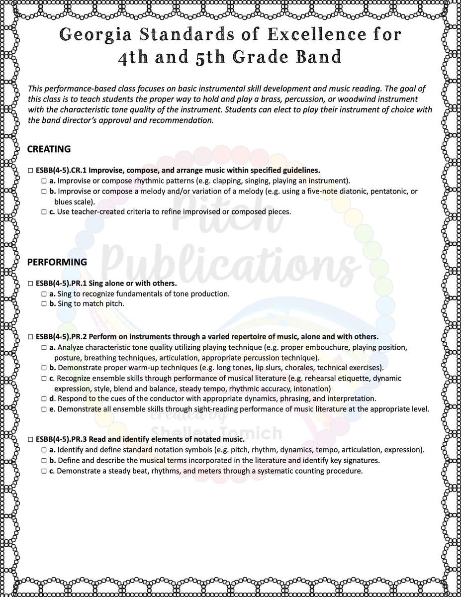 Performance Standards Music Checklist for Lesson Plans K5