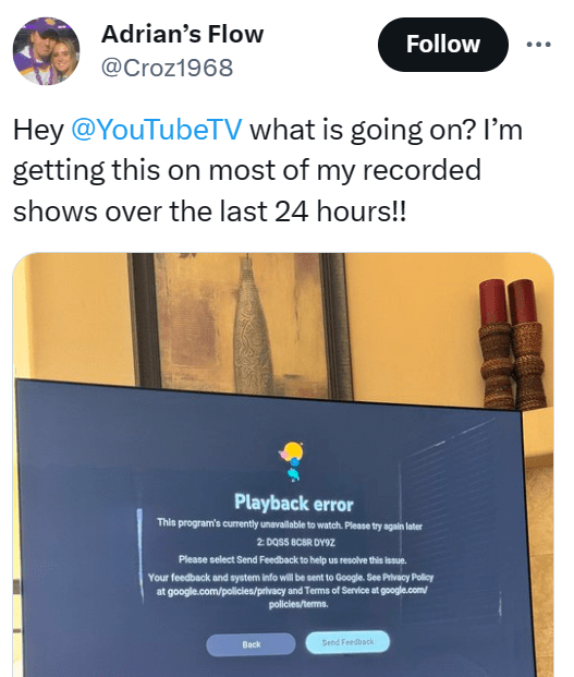 YouTube TV DVR recording not working or throwing playback error