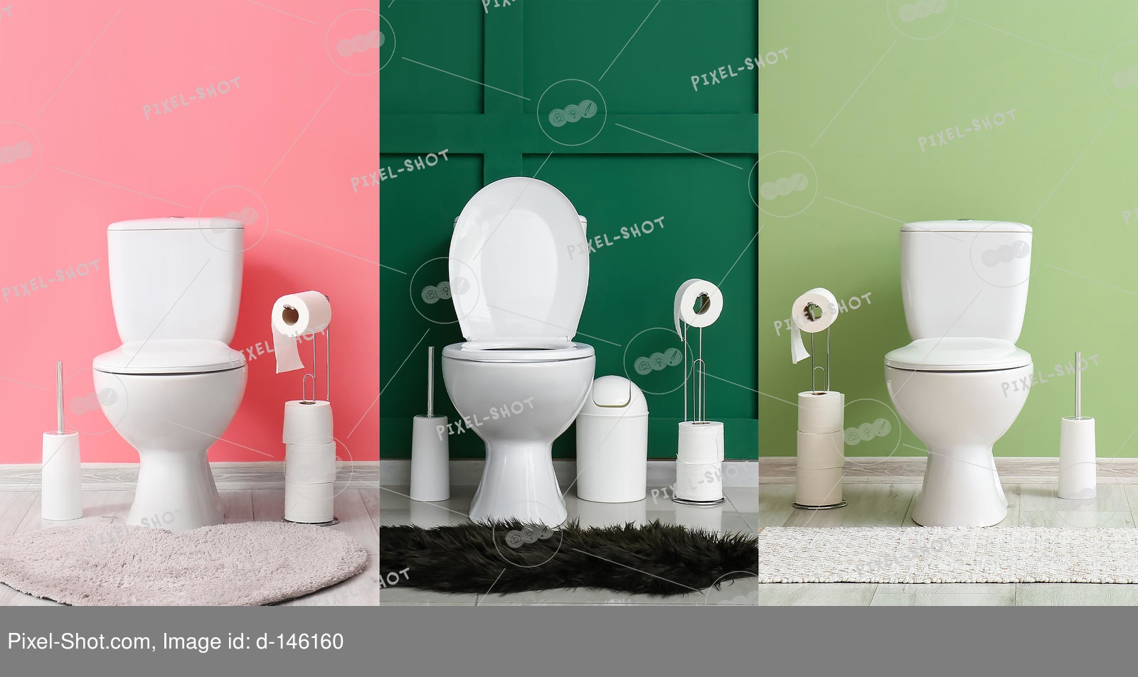 Collage with toilet bowls in restroom Stock Photography Agency