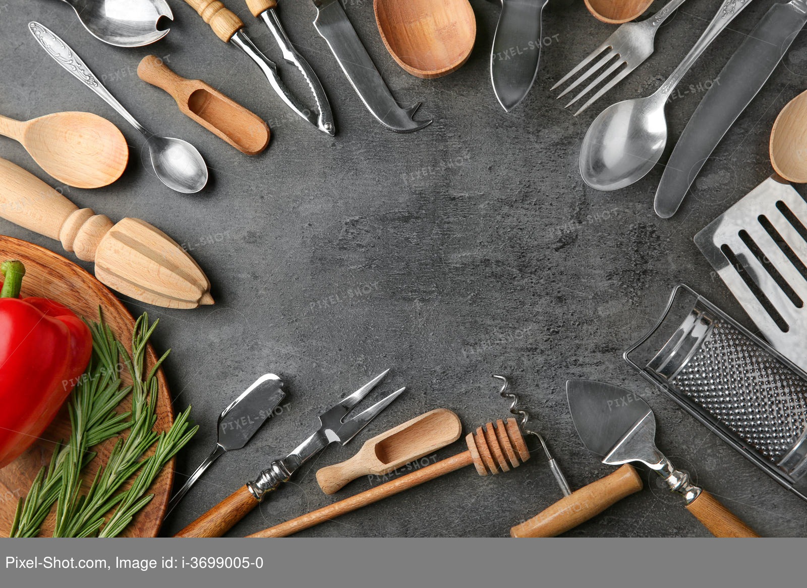 Frame made of various kitchen utensils on textured background Stock