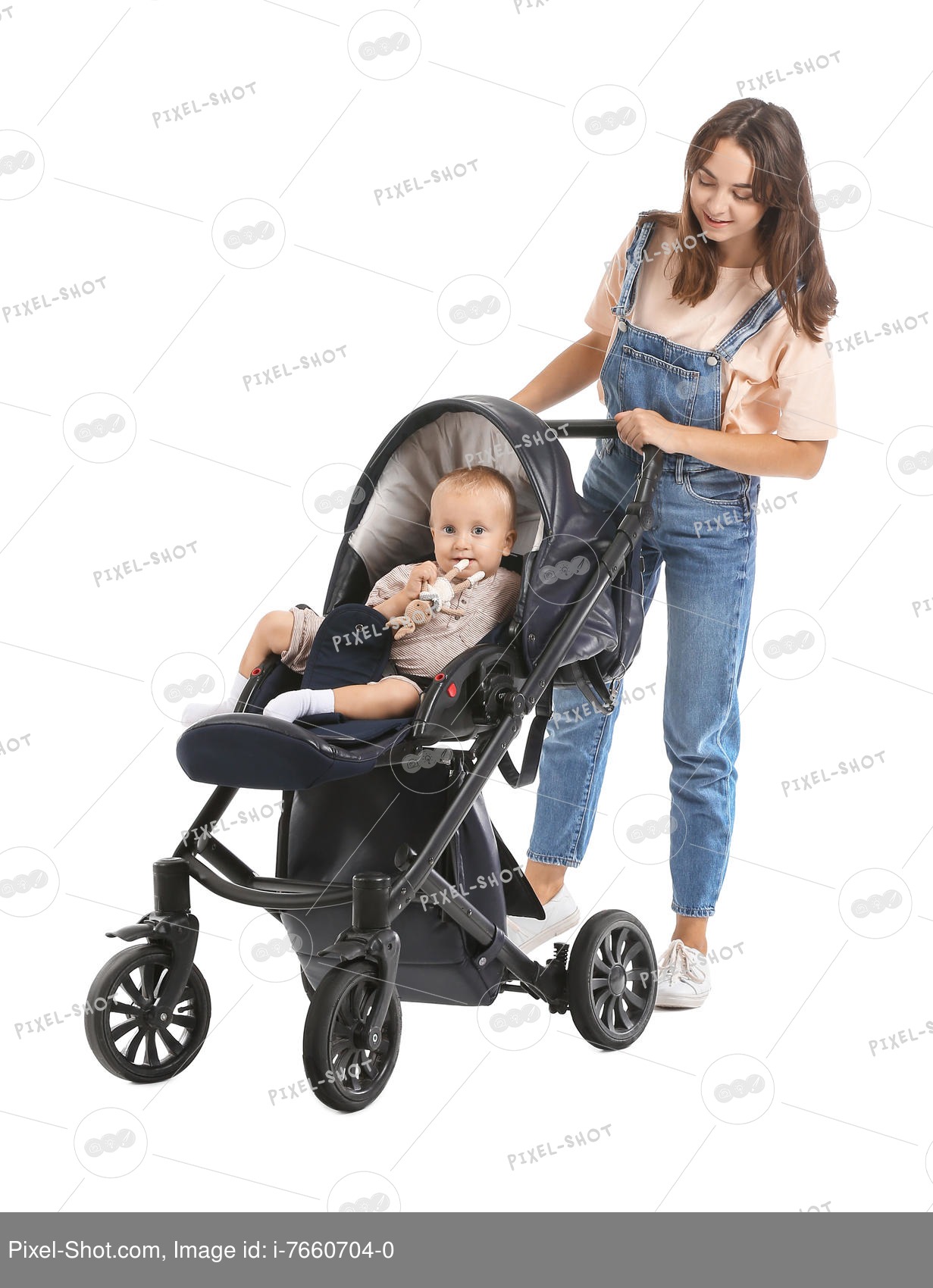 Woman and her cute baby in stroller on white background Stock
