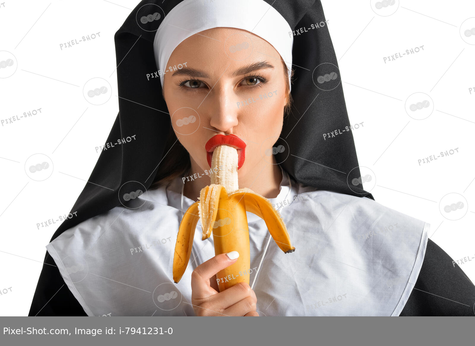 Sexy nun with banana on white background :: Stock Photography Agency