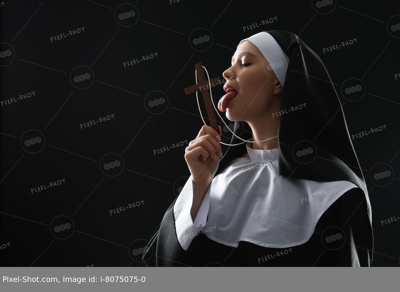 Slutty nun with cross on dark background :: Stock Photography Agency