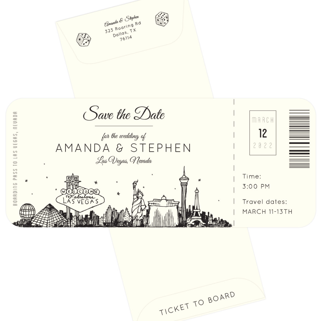 Vegas Wedding Plane Ticket Save the Date Ticket to Las Vegas Pixie