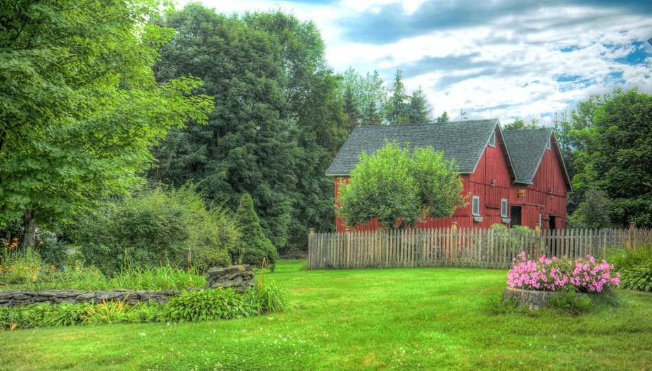 Fenced wooden farm buildings in front of forest at summer, usa, vermont