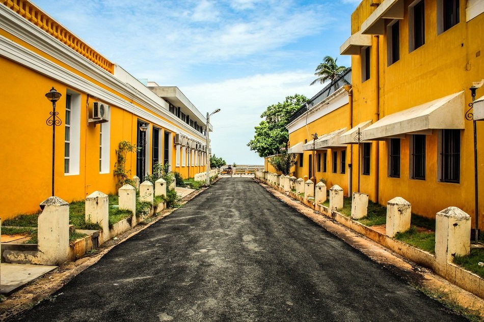 Pondicherry, french colonial buildings on street, India, Puducherry