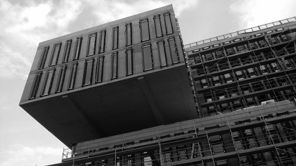 Administrative building at sky, black and white, czech free image download