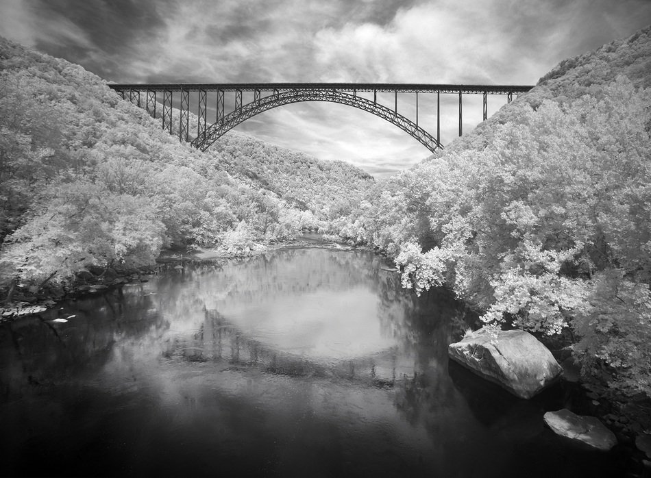 Steel arch of new river bridge above water, usa, west virginia free image download