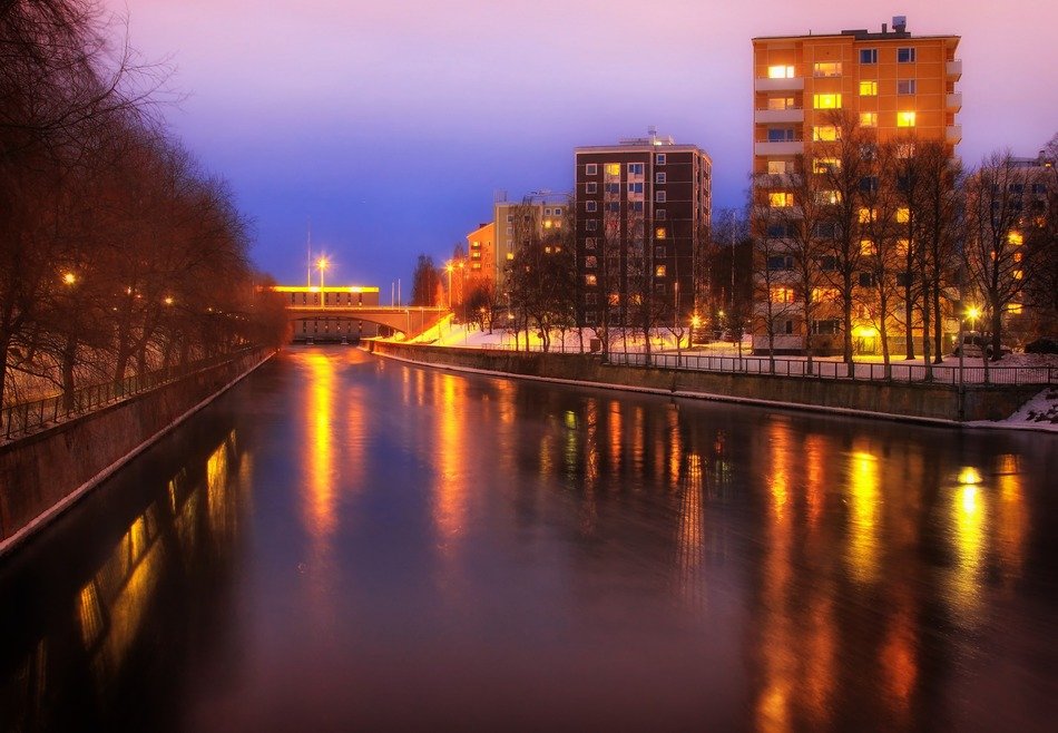 Apartments on waterfront at winter evening, finland, oulu free image