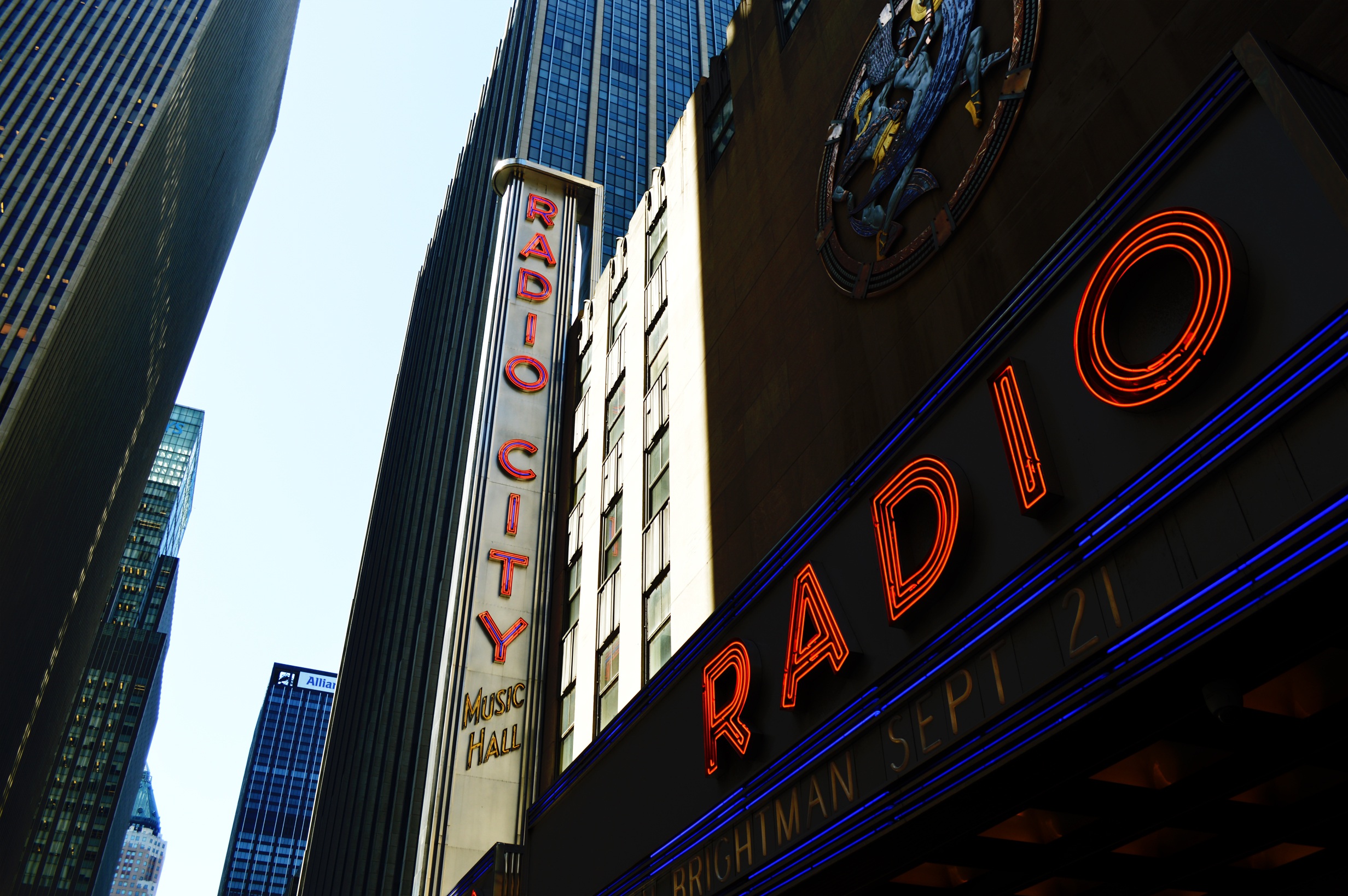 Radio, neon lettering on facade, usa, new york city free image download