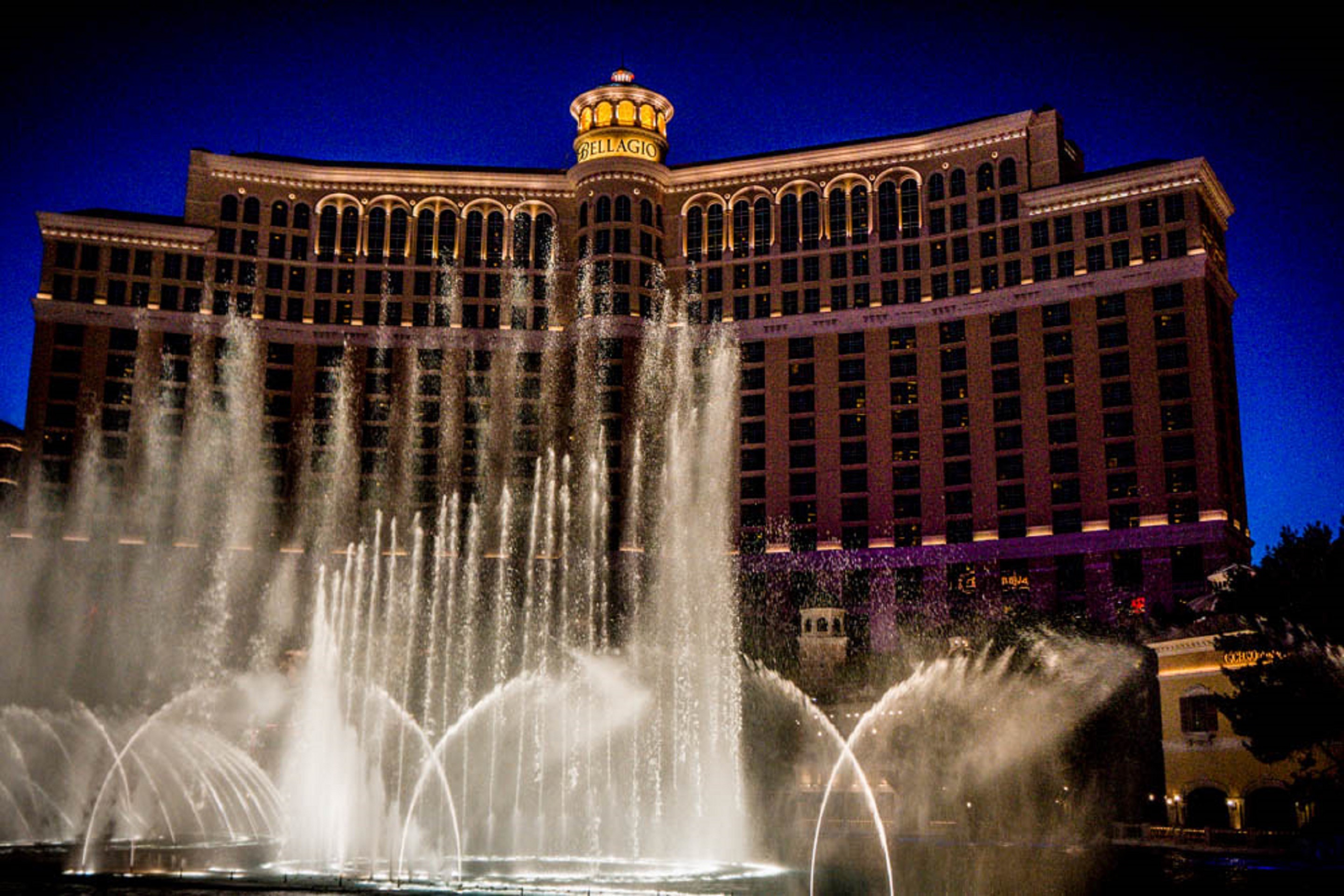 Bellagio fountains, combination of music, water and light at night in