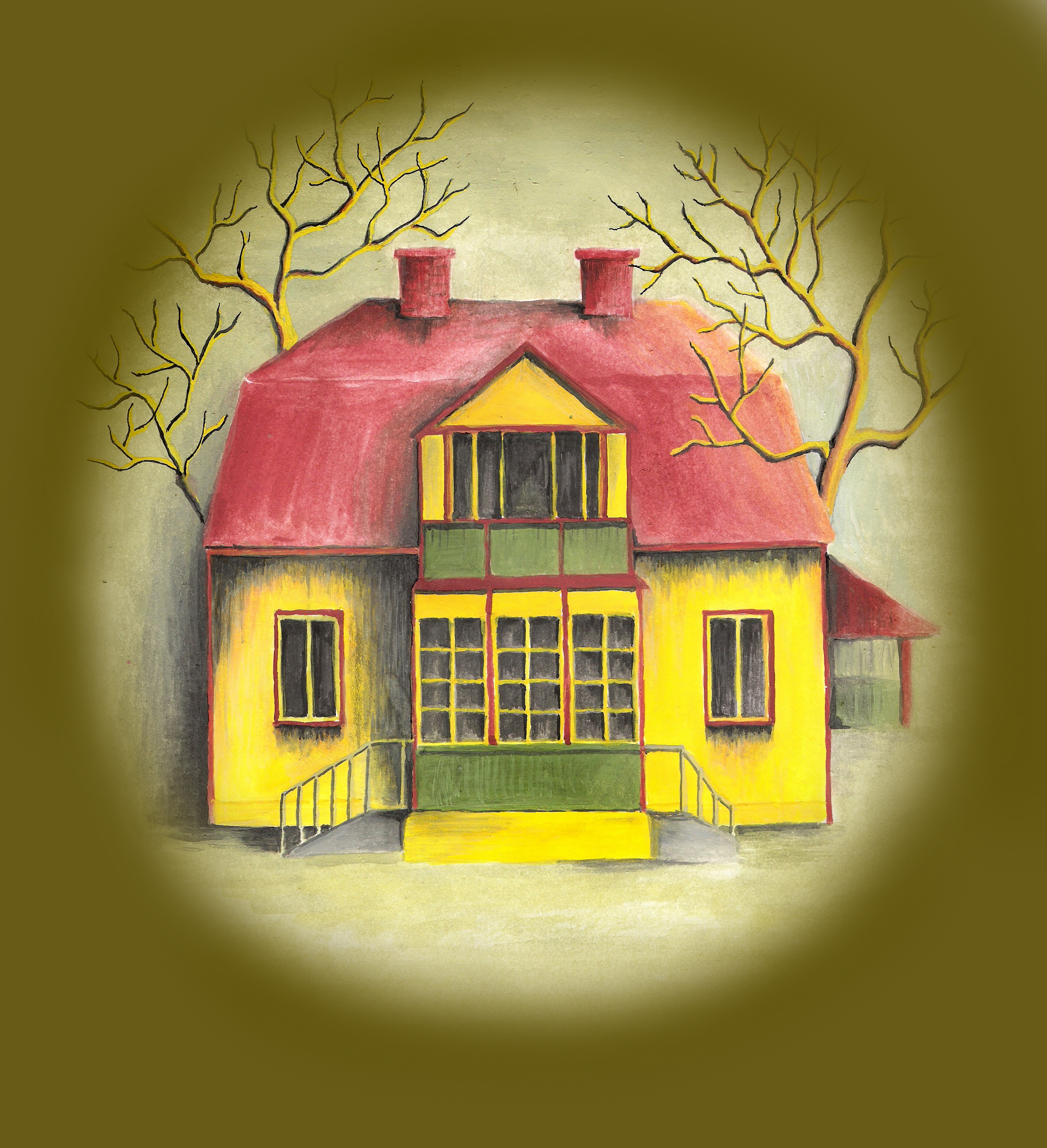 Yellow haunted house with red roof, illustration free image download