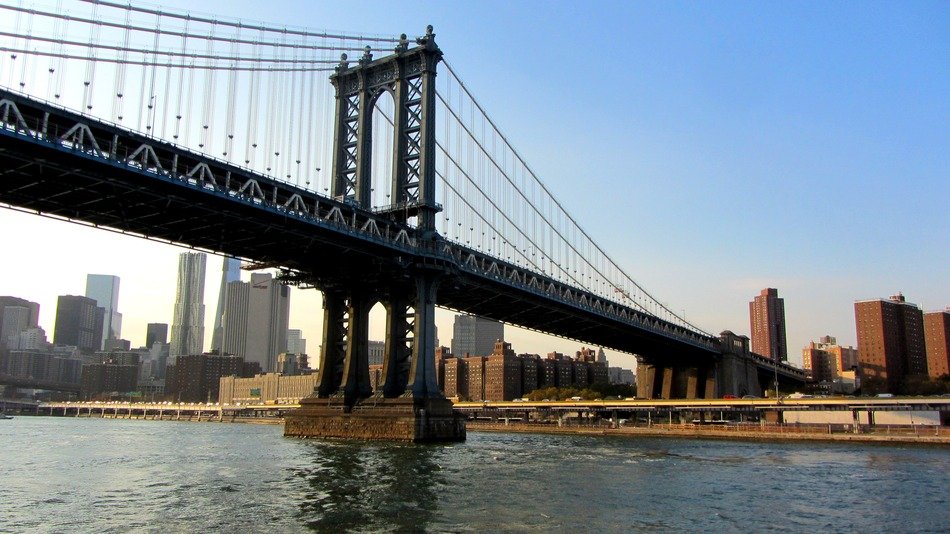 Historic structure of suspension brooklyn bridge in New York City free