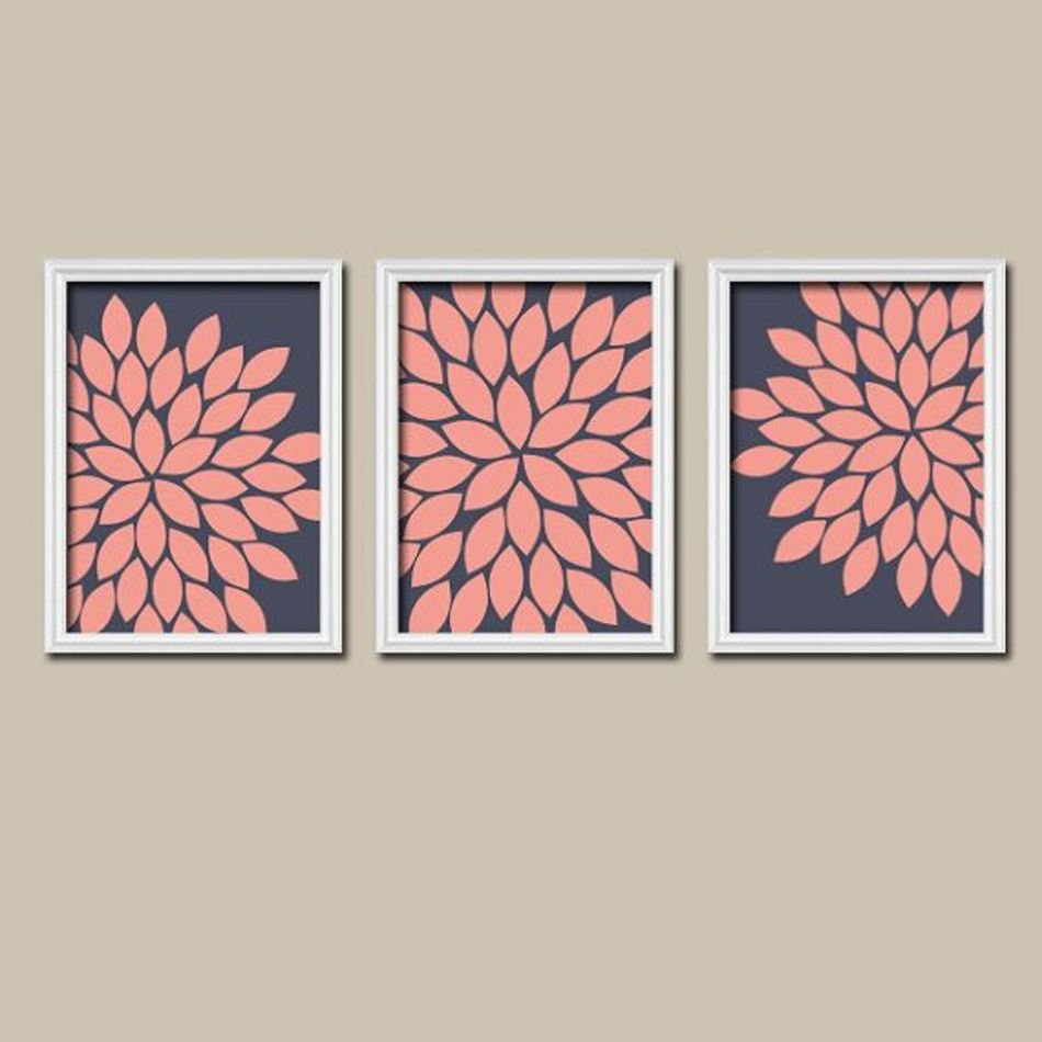 Wall Art Canvas Artwork Navy Coral Pink Flower Burst By TrmDesign 29