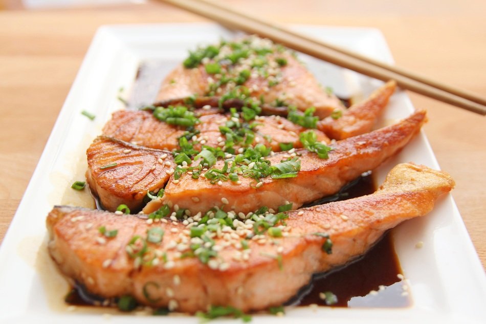 Fried salmon with teriyaki sauce free image download