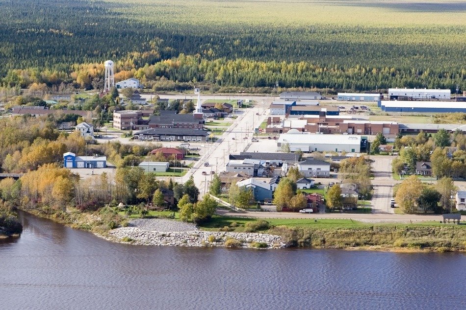 Aerial view of small town at river, canada, moosonee free image download