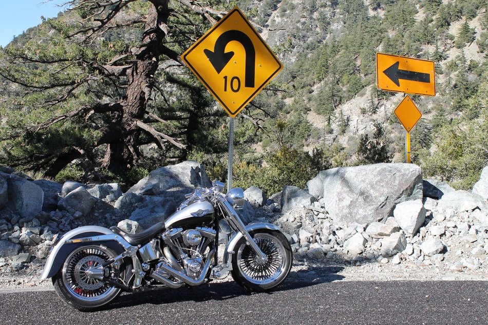 Harley motorcycle on a bend in the road in Oregon free image download