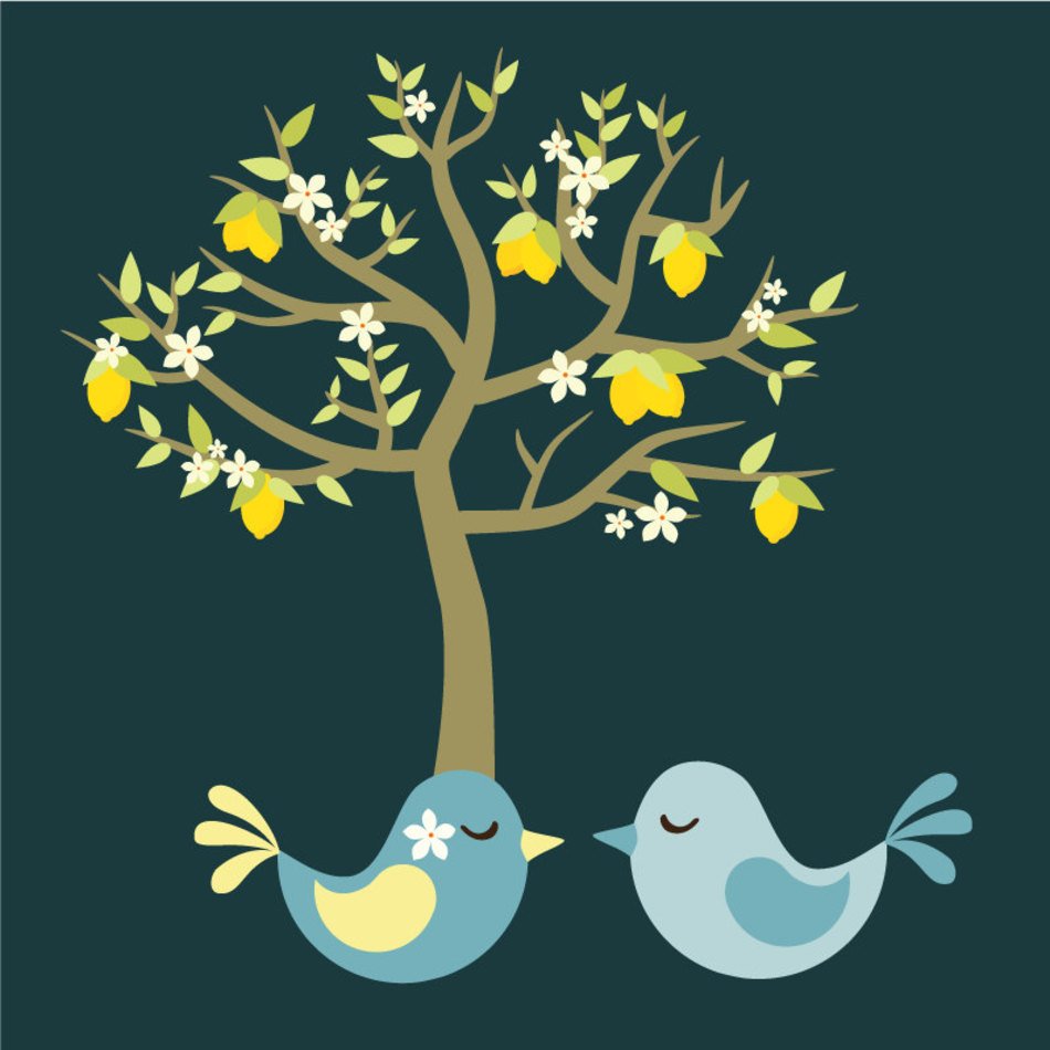 Lemon Tree With Love Birds In Blue And Yellow Digital On free image