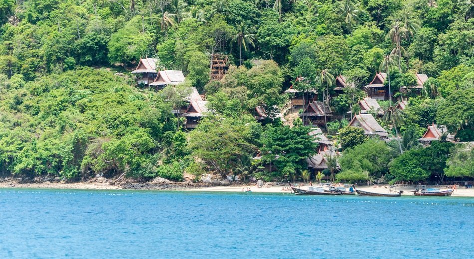Wooden houses and boats on the shore with colorful plants of Phi Phi