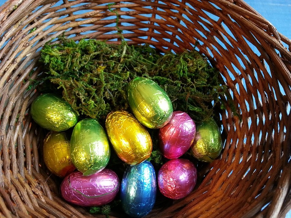 Colorful bright chocolate eggs in easter basket free image download