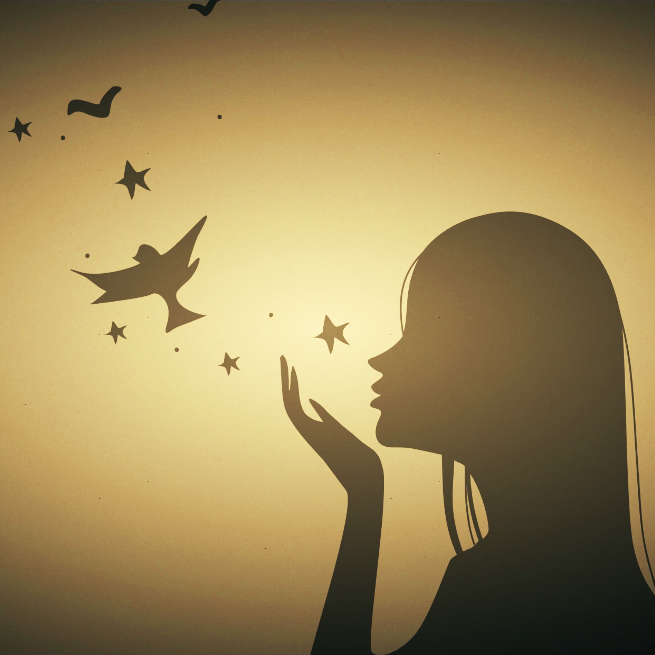 Painted profile of sensual girl with birds and stars free image download