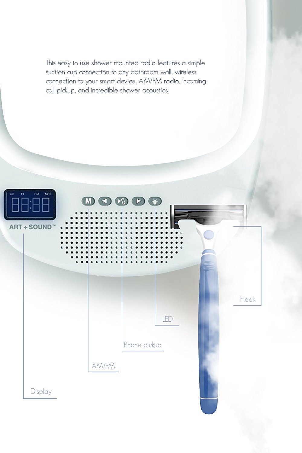 ART+SOUND AR6001WH Bluetooth Wireless Shower Speaker With Fogless