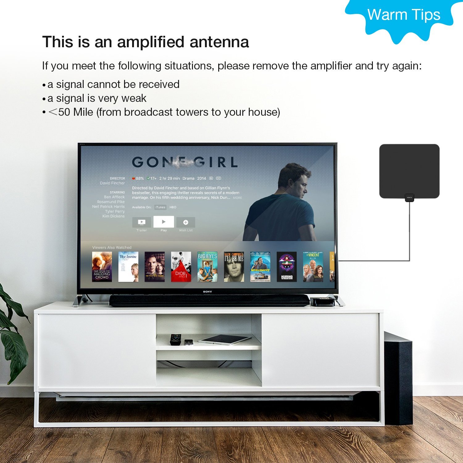 VIEWTEK Amplified HDTV Antenna Ultra Thin Indoor HD TV Antenna 50 Mile