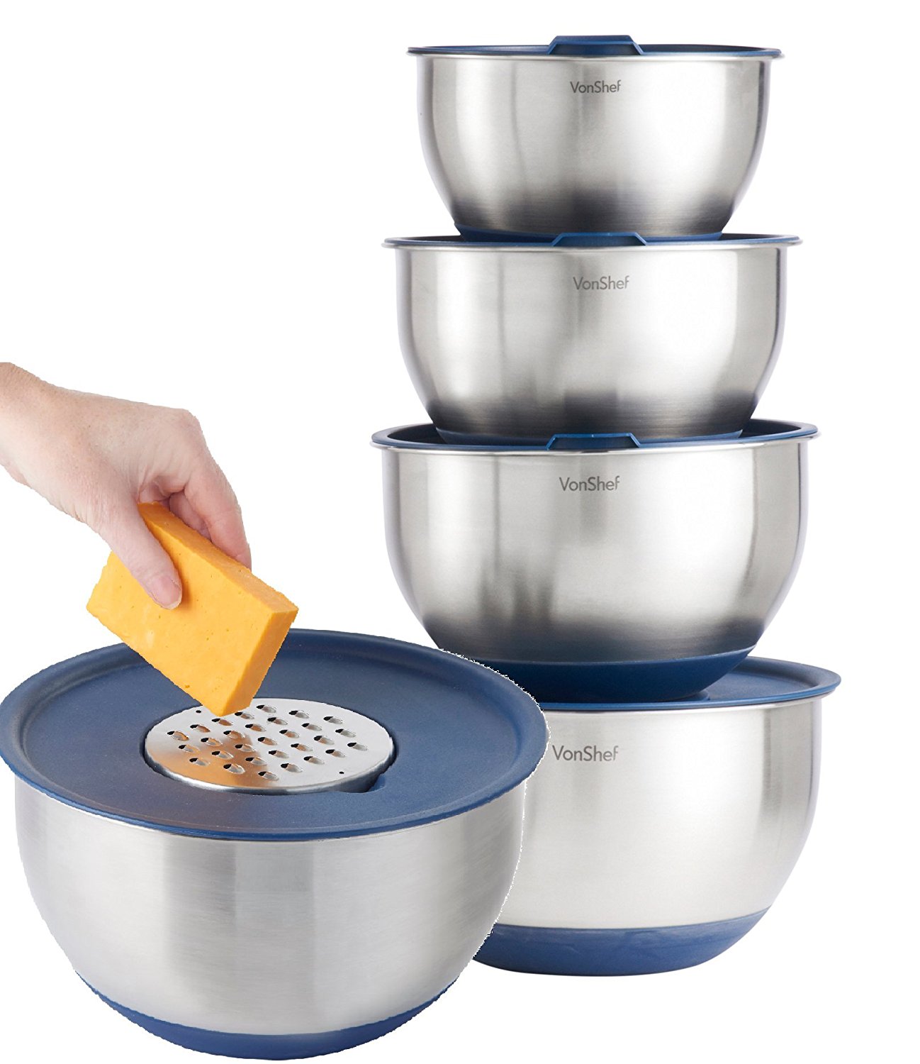 VonShef Professional 5 Piece Mixing Bowl Set Stainless Steel with Lids, NonSlip Surface and 3