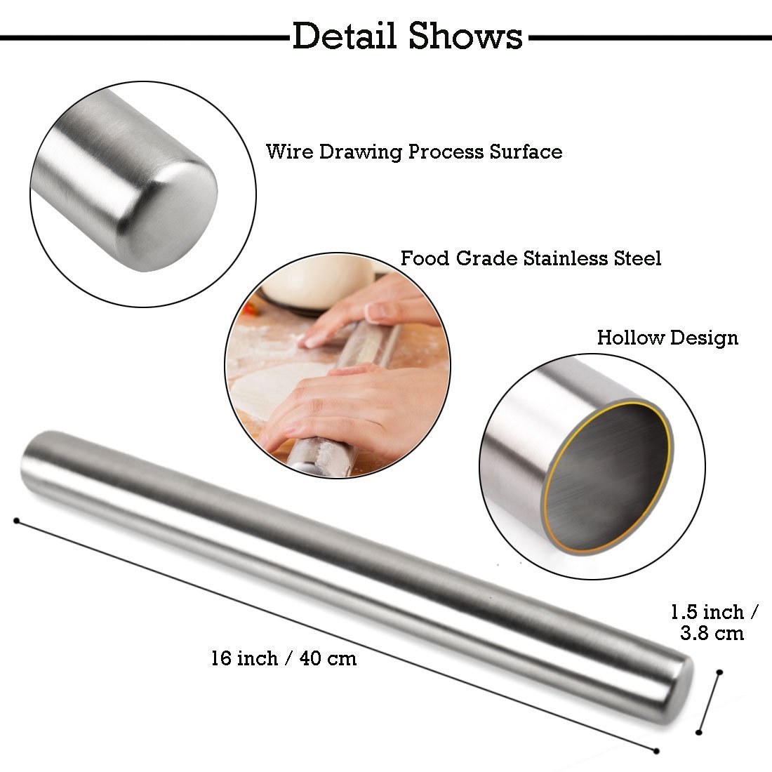 Yoofor 18/10 (304) Stainless Steel Rolling Pin, 16" / 40cm NonStick