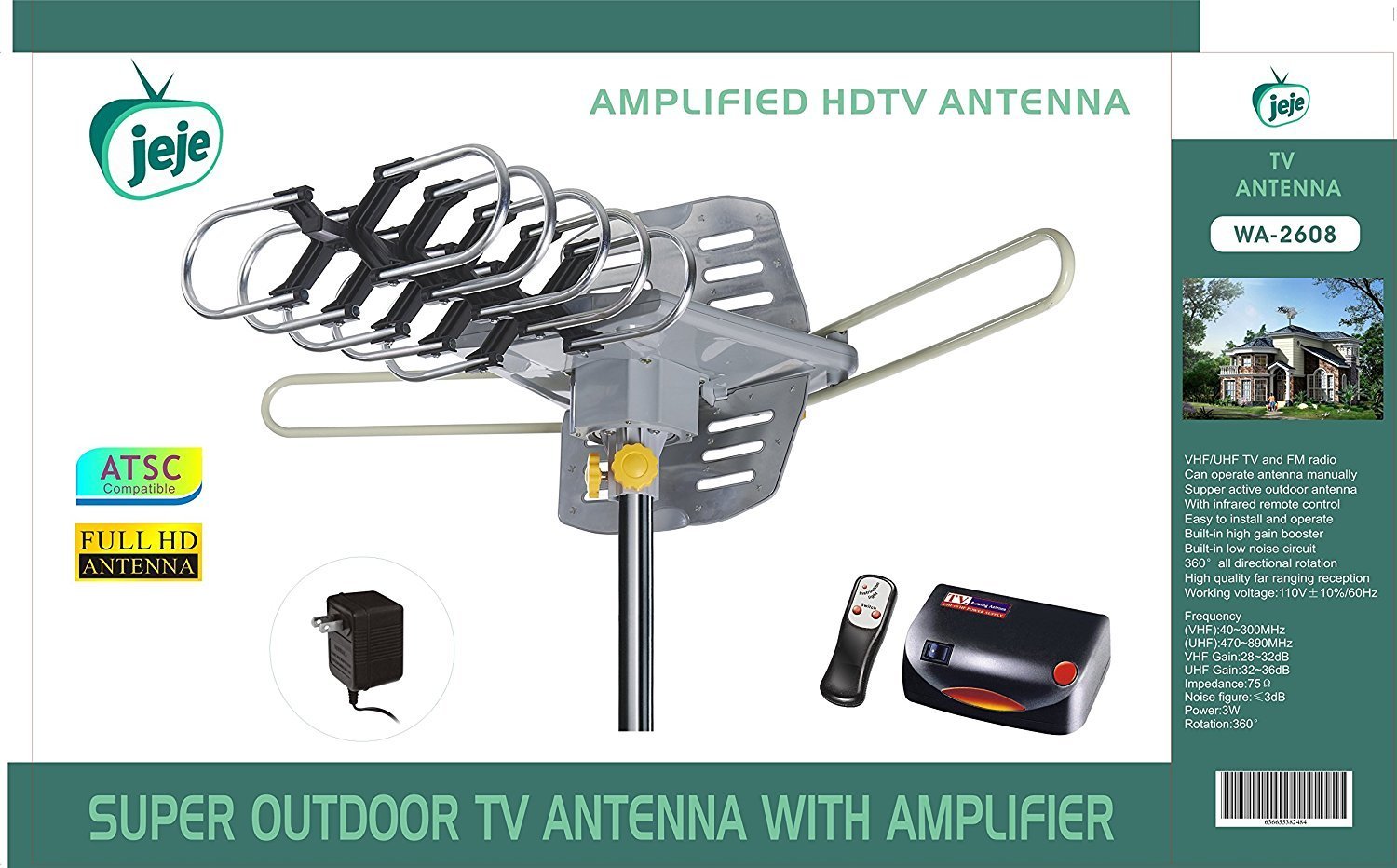 Jeje TV Antenna Outdoor Amplified Motorized 360 Degree Rotation