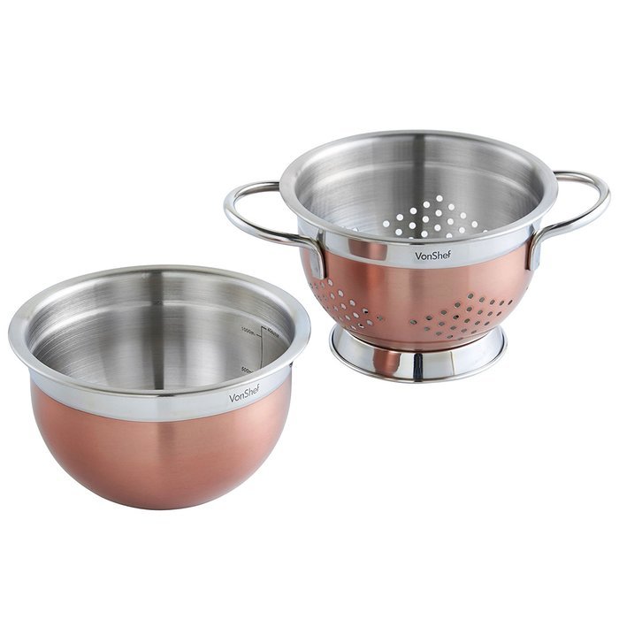 VonShef Premium 2pc Copper Stainless Steel Colander and 7 inch Mixing Bowl Set free image download