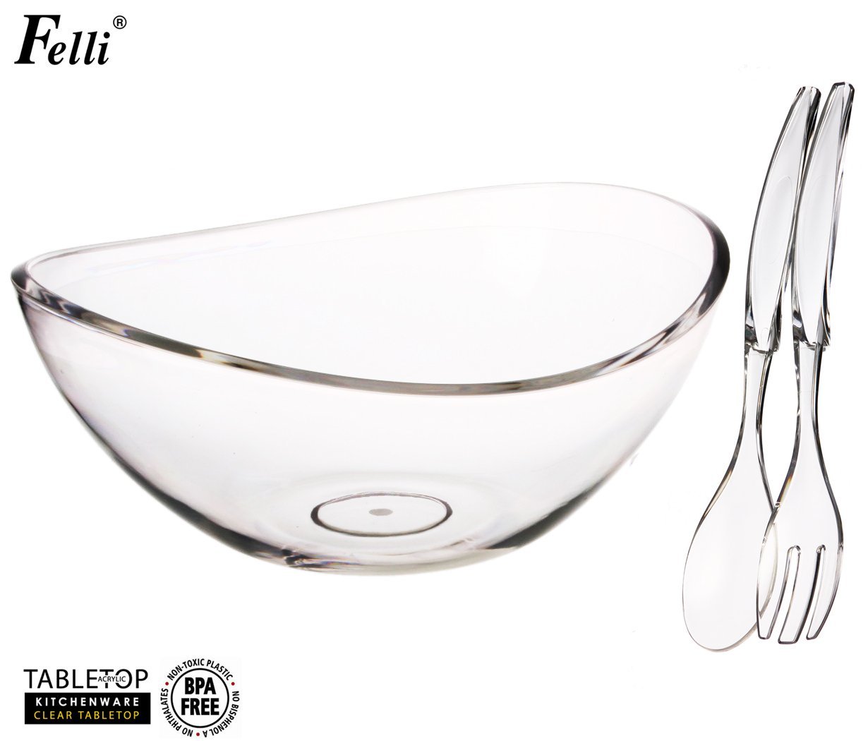 Felli Crystal clear acrylic serving bowl set. 12.5" Mixing salad bowl and Servers. (U432719