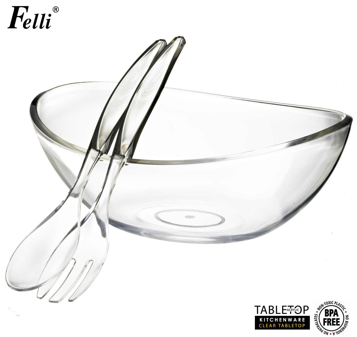 Felli Crystal clear acrylic serving bowl set. 12.5" Mixing salad bowl and Servers. (U432719) N2