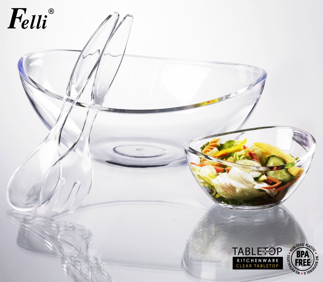 Felli Crystal clear acrylic serving bowl set. 12.5" Mixing salad bowl and Servers. (U432719) N3
