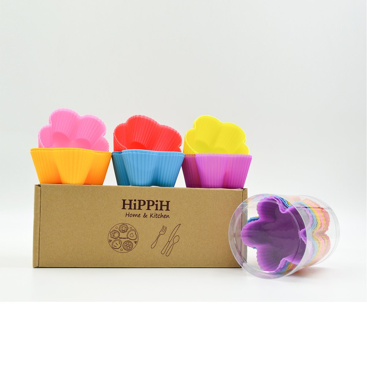 Hippih Silicone Baking Cup Reusable Cupcake Liners,Food Grade Muffin Cups(Heart molds,24 Packs