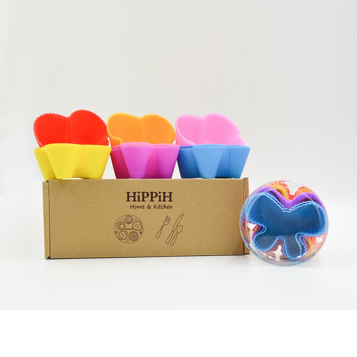 Hippih Silicone Baking Cup Reusable Cupcake Liners,Food Grade Muffin Cups(Heart molds,24 Packs
