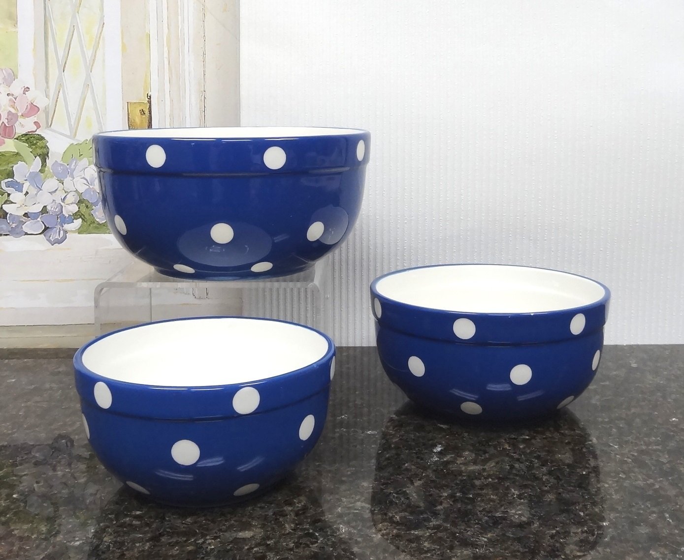 Set of 3 POLKA DOTS Blue Ceramic Mixing Bowls, 82169MIX By ACK N3 free